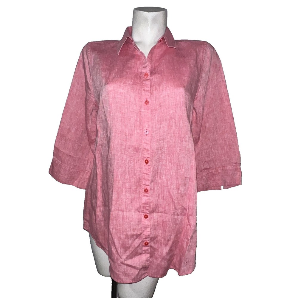Chicos No-Iron 100% Linen Tunic Top Pink Coral Button Back 3/4 Sleeve Size M (1)